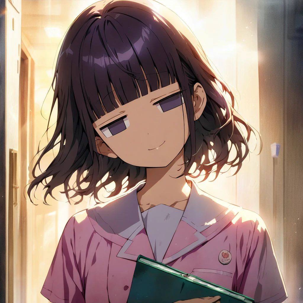 (a jitome girl:1.5), (masterpiece:1.3), anime visual, (Lovey-dovey:1.5), (tilt head:1.3), extremely delicate face, soft clean focus, realistic lighting and shading, (an extremely delicate and beautiful art:1.3), (masterpiece:1.3), anime visual, extremely delicate face, (an extremely delicate and beautiful art:1.3),
cute face,big eyes,smiling,blue purpl wavy and blunt bangs hair,green and black eyes,from front,watercolor painting,A girl walking down a dark hospital corridor on her night shift, wearing a pink nurse's uniform and carrying a binder,jitome,full body shot,night lit,A ghost looms behind a girl,
