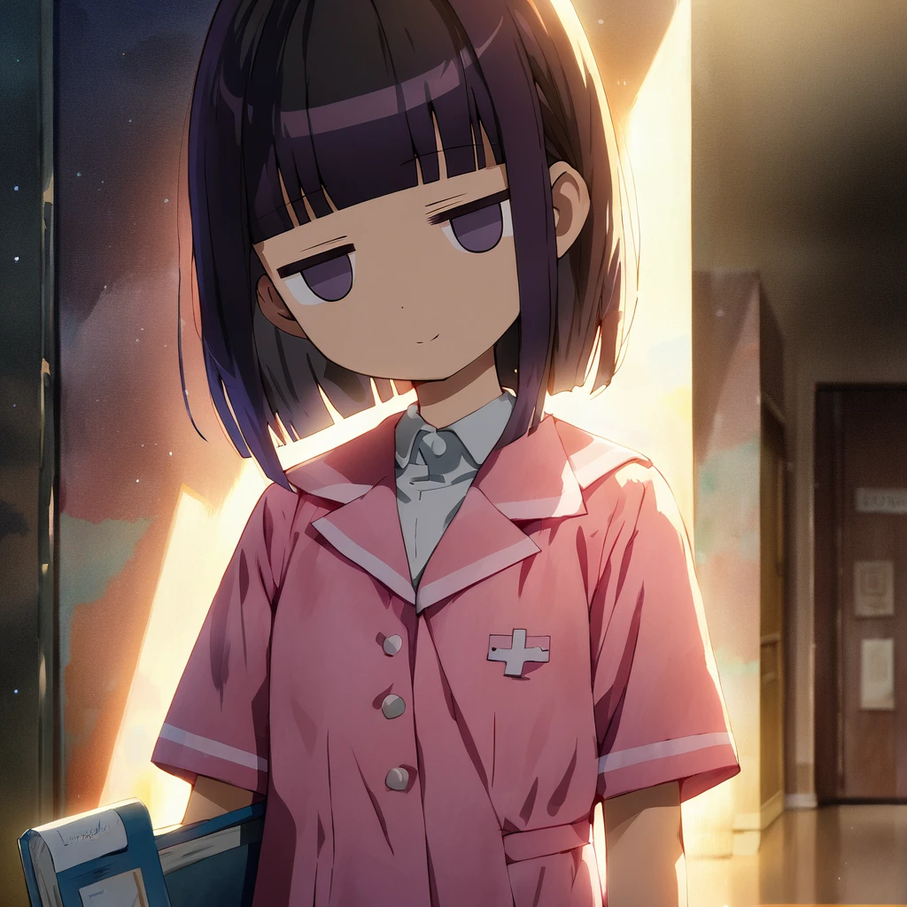 (a jitome girl:1.5), (masterpiece:1.3), anime visual, (Lovey-dovey:1.5), (tilt head:1.3), extremely delicate face, soft clean focus, realistic lighting and shading, (an extremely delicate and beautiful art:1.3), (masterpiece:1.3), anime visual, extremely delicate face, (an extremely delicate and beautiful art:1.3),
cute face,big eyes,smiling,blue purpl wavy and blunt bangs hair,green and black eyes,from front,watercolor painting,A girl walking down a dark hospital corridor on her night shift, wearing a pink nurse's uniform and carrying a binder,jitome,full body shot,night lit,A ghost looms behind a girl,