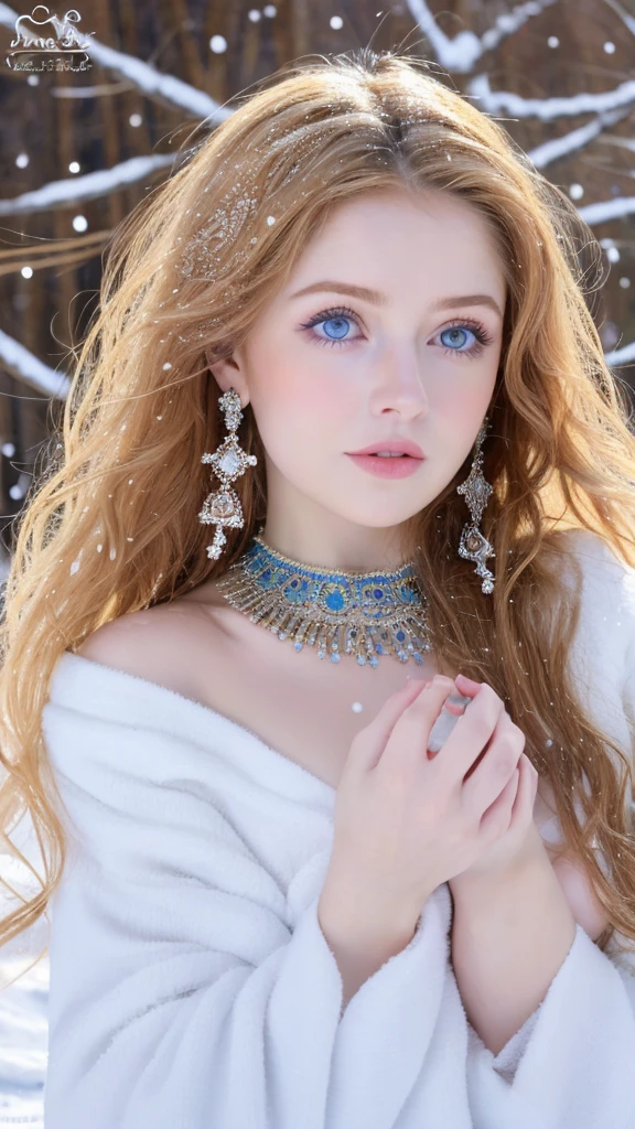 Beautiful girl, blue eyes, long curly white hair witg, detailed facial traits, beautiful earrings, national turkic female dress, naked breasts, yurta behind, it's snowing, sexy pose