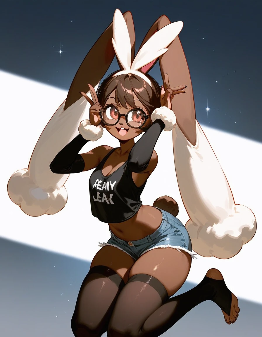 score_9,score_8_up,score_7_up, an Anthro furry female lopunny pokemon, brown eyes, tall hourglass figure body, wearing black tank top, nerdy glasses, black arm warmers, jean shorts, black thigh highs with exposed toes, 4, playful pose, big happy smile, 