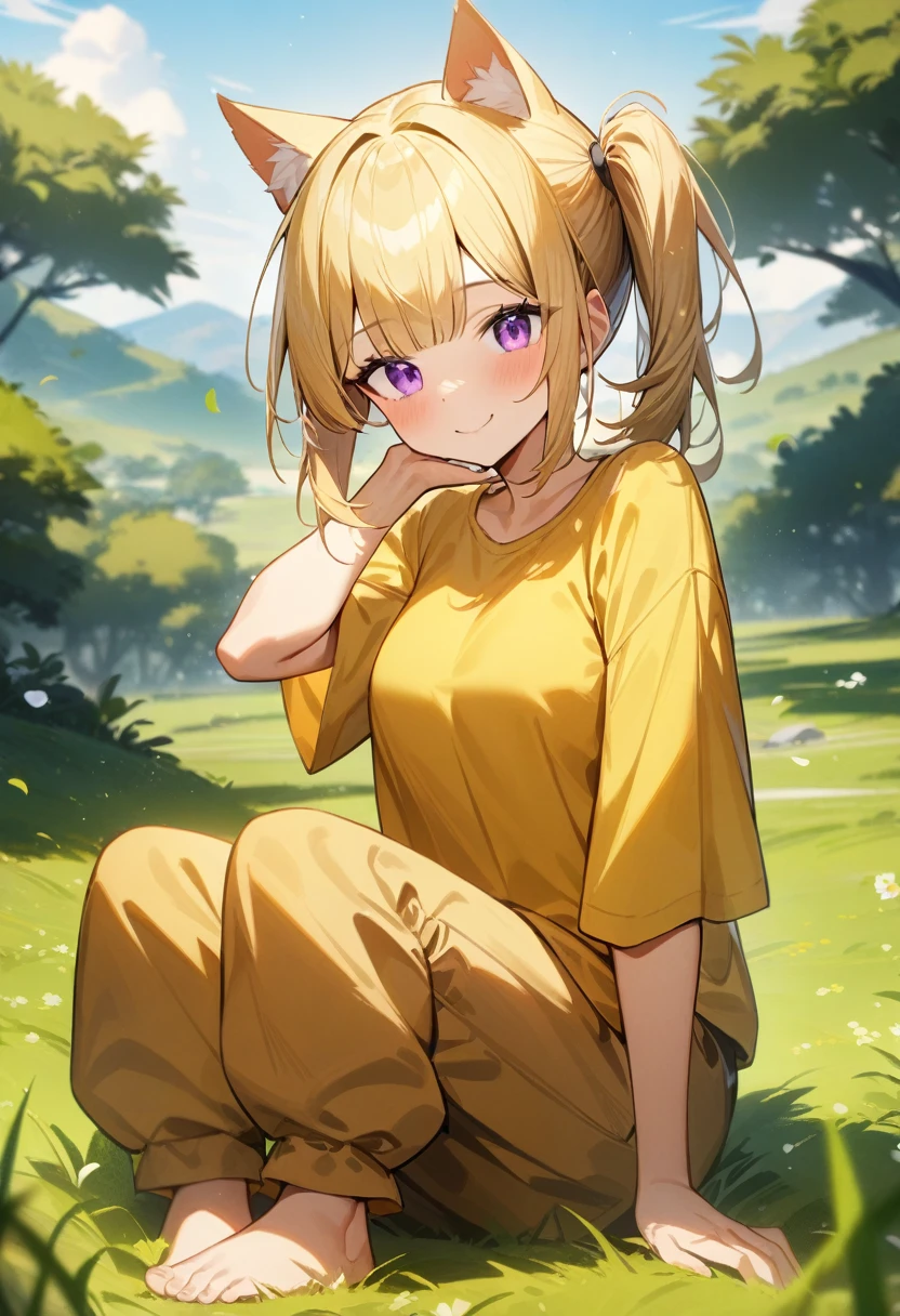1girl, cat ears, smiling, medium breasts, smooth blonde hair blunt bangs, side ponytail, tired eyes, purple eyes, baggy yellow shirt, baggy brown pants, barefoot, grasslands, masterpiece quality, ultra HD, 4K, best quality,