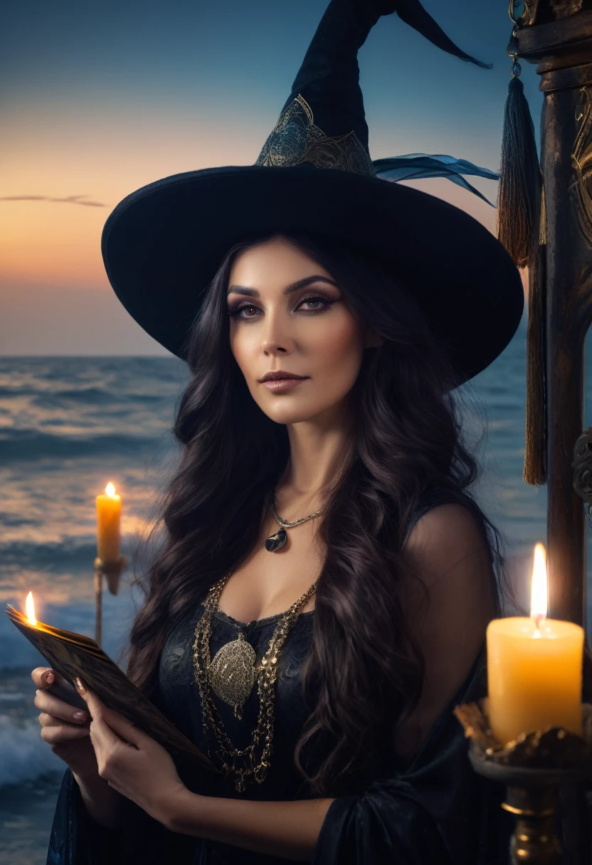 a beautiful woman , LONG HAIR queen WITCH  WITH A hat TAROT CARDS and crystals SEA,CANDLES Style-RustMagic, Aum, (atmosfera escura:1.2), (Mist & smoke), (noite escura:1.3), Cicatrizes, (shaggy medium length dark hair:1.1), (sombra:1.1), (brilho lindamente detalhado:1.2), (cinematic lighting), detalhe intrincado, high resolution,