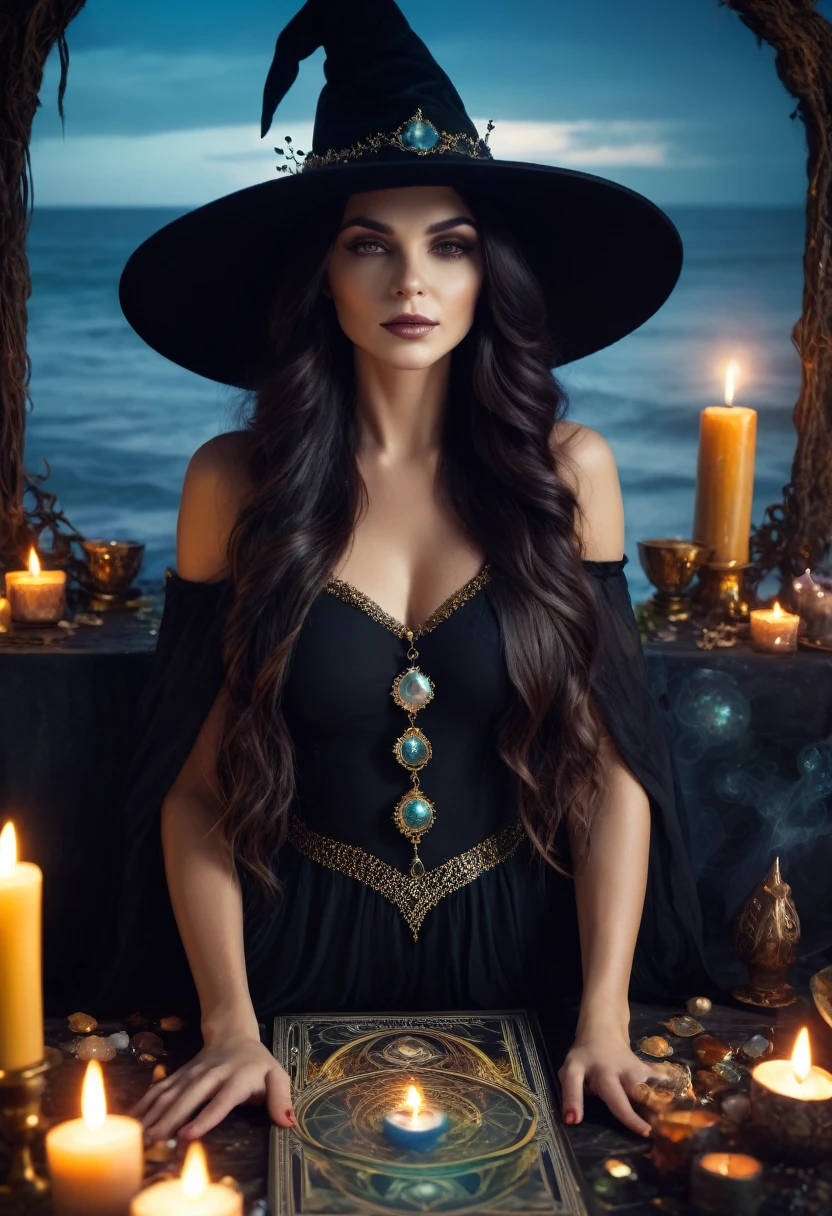 a beautiful woman , LONG HAIR queen WITCH WITH A hat TAROT CARDS and crystals SEA,CANDLES Style-RustMagic, Aum, (atmosfera escura:1.2), (Mist & smoke), (noite escura:1.3), Cicatrizes, (shaggy medium length dark hair:1.1), (sombra:1.1), (brilho lindamente detalhado:1.2), (cinematic lighting), detalhe intrincado, high resolution,