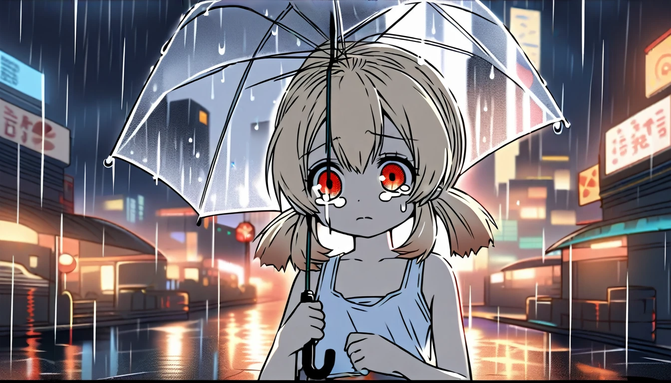 klee, holding umbrella,tears,wearing cropped tank top, wearing plain white cropped tank top, night city, rain,sad,highly detailed eyes, highly detailed face, highly detailed background,