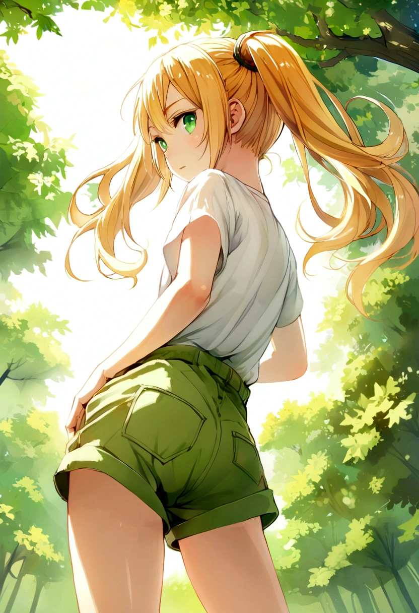 orange-blonde hair girl, pigtails to mid-back, green eyes, front view, green jumpsuit, shorts, white t-shirt