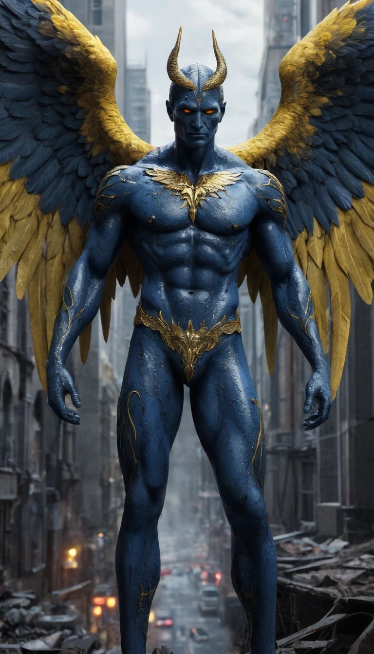 The fallen angel Raziel (flight:1.3), (with an all Azul-colored body), (bright yellow eyes:1.1), exhibits a demonic yet heroic figure. His large, (dirtied white wings), spread out in contrast against the dark city backdrop, create an intriguing dark fantasy style. The high-resolution image boasts an unparalleled level of detail, showcasing the soft, expressive, and highly-detailed face of the angel (actual:1). Every pore and vein on his face is visible, reflecting the photo-realistic quality. The full-color, 8K Ultra HD, 3D rendered image, powered by Unreal Engine v5.2,