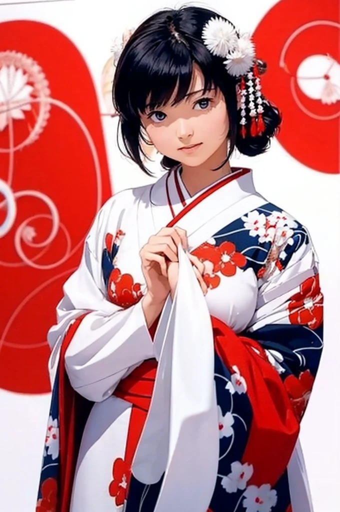 (((White Background、White world)))、14 years、unity 8k wallpaper、Very detailed、beautifully、beautiful、masterpiece、highest quality、(Zentangle、Mandala、Tangle、Tangle)、(Fractal Art:1.3)、One Girl、Beautiful black hair、Japanese、Big pink、red kimono、Japanese clothing、Very detailed、Dynamic Angle、Cowboy Shot、Chaos in its most beautiful form、elegant、Brutalist Design、Vibrant colors、Romance、atmosphere、Ecstasy Note、Streaming notes are displayed、(((White Background、Pure white background、Red circle)))