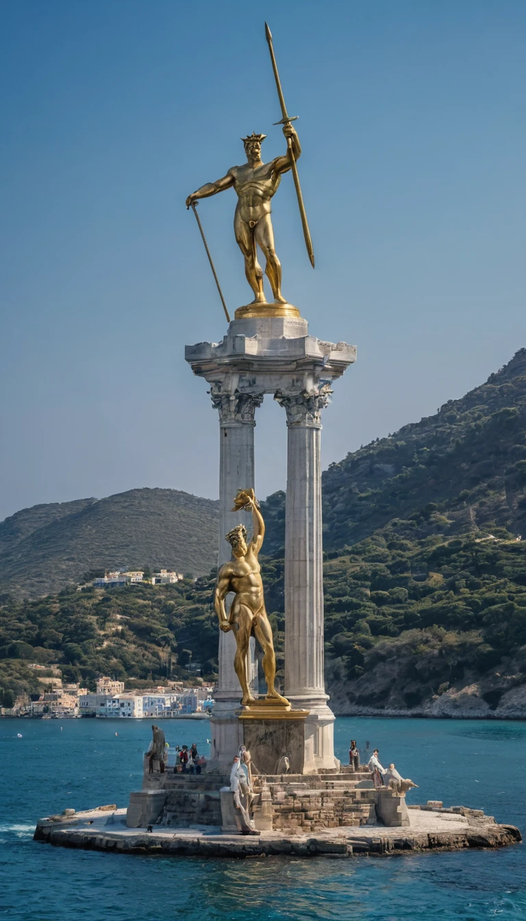 arafed statue of a man holding a sword in front of a body of water, a statue by Alexander Kucharsky, pexels contest winner, digital art, colossus of rhodes, the colossus of rhodes, standing on neptune, elon musk as a greek god, greek statue, statue of zeus, statue of hercules, greek god, greek myth digital painting