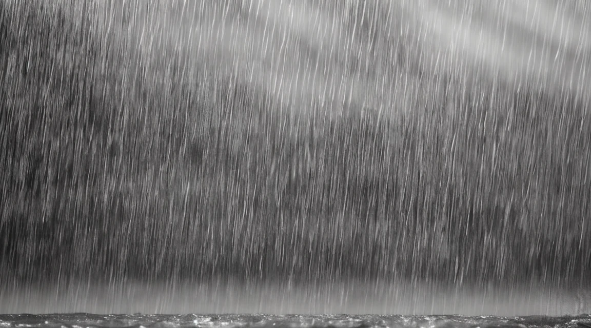 A lot of rain is falling on the mirror-like surface of the water, and it keeps raining all the time, (Photographic, Best Quality, High Quality, Highres:1.4), Detailed, Extremely Detailed, Ambient Soft Lighting, 4K, Background, Depth of Field,