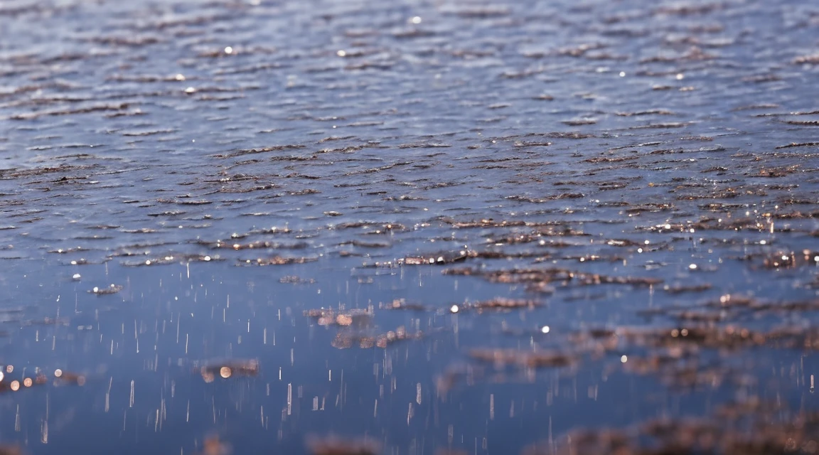 A lot of rain is falling on the mirror-like surface of the water, and it keeps raining all the time, (Photographic, Best Quality, High Quality, Highres:1.4), Detailed, Extremely Detailed, Ambient Soft Lighting, 4K, Background, Depth of Field,