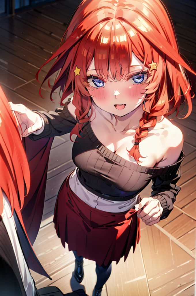 itsukinakano, Itsuki Nakano, bangs, blue eyes, Hair between the eyes, Ahoge, Redhead, star \(symbol\), hair ornaments, star hair ornaments,happy smile, smile, Open your mouth,blush,Akabuchi Glasses,Big Breasts,Long braids,One-shoulder sweater,Long skirt,Black pantyhose,short boots,Daytime,walking,whole bodyがイラストに入るように,
break indoors, ショッピングモール
break looking at viewer, whole body,
break (masterpiece:1.2), highest quality, High resolution, unity 8k wallpaper, (figure:0.8), (Beautiful fine details:1.6), Highly detailed face, Perfect lighting, Highly detailed CG, (Perfect hands, Perfect Anatomy),