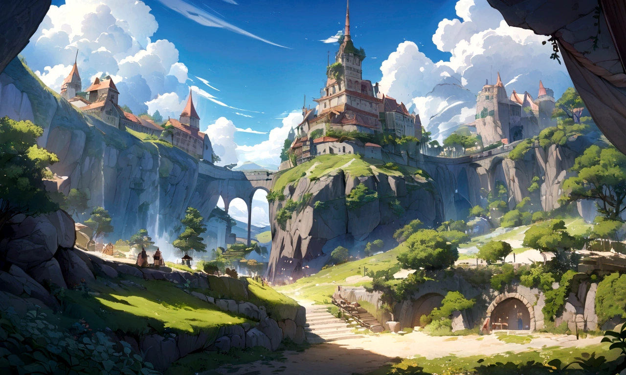 ((((masterpiece, Best Quality, High resolution)))), High detail, manga,anime,Illustrated style,Use of bright colors,Ghibli Studio「Howl's Moving Castle」The colors are like those used in daytime scenes., Medieval European fantasy worldview, coastal,Beautiful sea,Rocky area of the sea,Geyser,Spouting Tide,Sparkling water gushes out in the sunlight., Large space, There is no one, RPG-like scenery, The sky is bright blue、Fluffy white clouds floating, And the sun is shining brightly, Create a magical and cozy atmosphere,