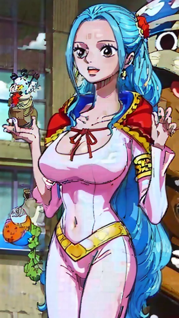 Crie uma imagem full body em estilo anime de Nefertari Vivi do anime One Piece. Ela possui cabelos longos e azuis com franja estilo Hime, olhos azuis, e um sorriso encantador. She is wearing a white leather jacket over a white loose-fitting shirt and sweatpants.. (corpo bonito:1.3) Vivi has bright red lips and a perfect anime face, com detalhes realistas e ultra detalhados. O fundo deve ser uma cidade, destacando-a como a melhor garota de anime (rosto bonito:1.3)