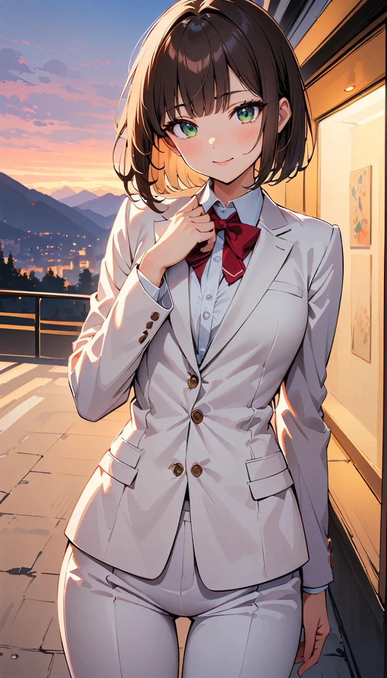 (highest quality, 4K, 8K High Resolution, masterpiece:1.2), Very detailed, one person, woman, (Brunette, Long Hair, Bobcut, green eyes), Standing pose, Sexy vibe, Magic Hour, (White Suit, Slender suit), Emphasis on individuality and uniqueness, Fine and beautiful eyes, Beautiful lip detail, Long eyelashes, Bright colors, Photo Spot, In front of a white wall, Cowboy Shot, Soft and warm color palette.