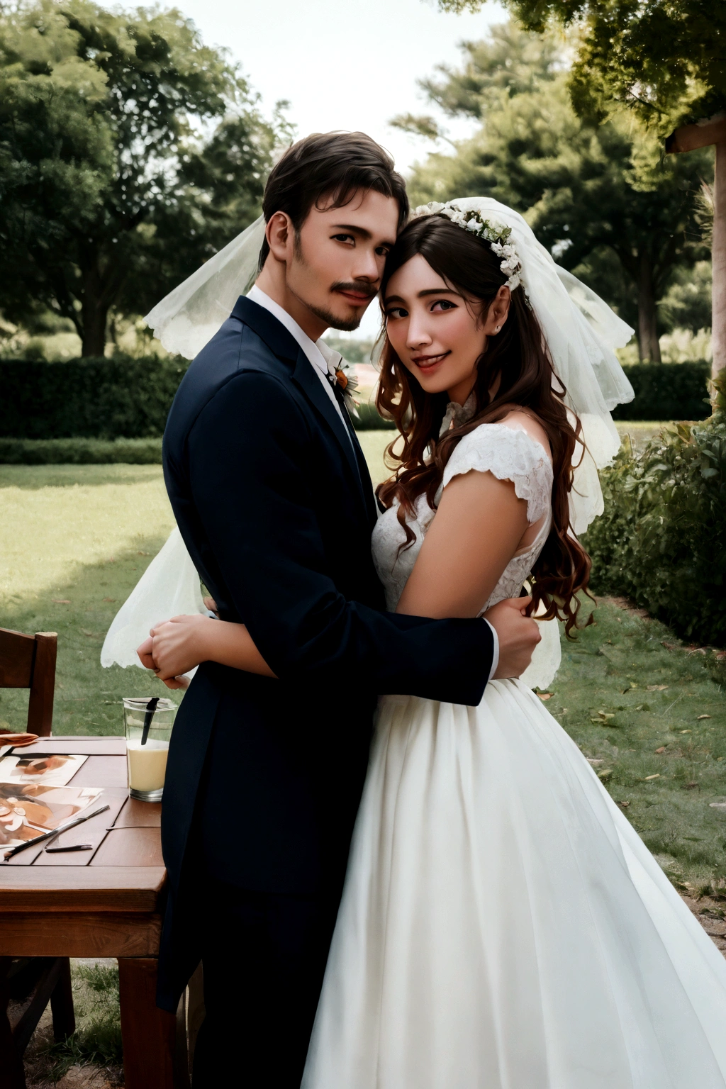 la novia y el novio posing for a photo in a garden setting, la novia y el novio, boda photo, pareja adorable, retrato, foto de una hermosa, pareja feliz, Plano medio, plano medio, retrato de pareja, retrato en plano medio, boda, retrato de parejas, postura de pareja, julia sardinia, toma de cuerpo entero, velo, detailed retrato, foto de retrato, retrato cercano