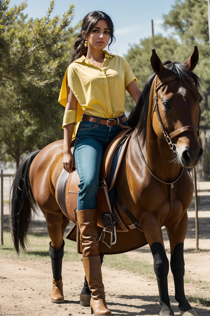 Chica anime, cabello amarillo agarrado en una cola de caballo, camisa color verde, brown pants, a brown cape, brown boots, ojos azules, cerquillo en la frente, tiene una espada, a staff, un diamante infregnada en su frente color verde, color de piel blanca y chica amable pero fuerte y ruda
