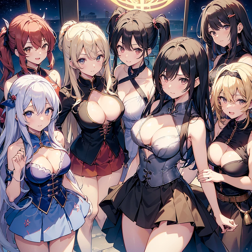((((Haremの4人のキャラクターが笑顔で描かれました))))、A group of female adventurers set in a medieval fantasy world,Dragon Quest、 (At the pub), Various Hair Styles, (Harem), night, detailed aspects, Remove the front hook, V-neck clothing, (Clothes that expose a lot of breasts), (Clothes that expose a lot of skin), Micro Mini Skirt, Seduce, Sleeveless、Showing invisible panties、Large Breasts、A little bigger ass、Waist、Pulling up her short skirt