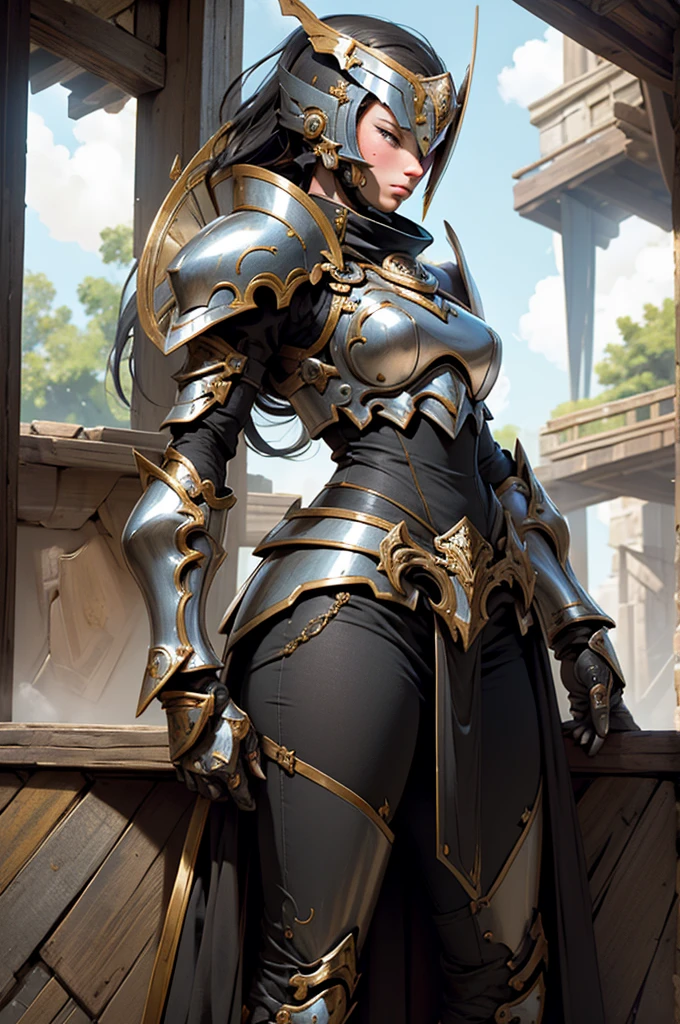 una mujer con armadura parada frente a una ventana, chica armadura, portrait caballeros de la chica del zodiaco, cushart krenz arte clave femenino, caballeros de la chica del zodiaco, beautiful paladin woman, caballero femenino, dama con armadura roja, pero la armadura cubre su rostro, of a beautiful caballero femenino, impresionante armadura, hermosa armadura, vestido con armadura ligera, retrato caballero mujer. 8k.