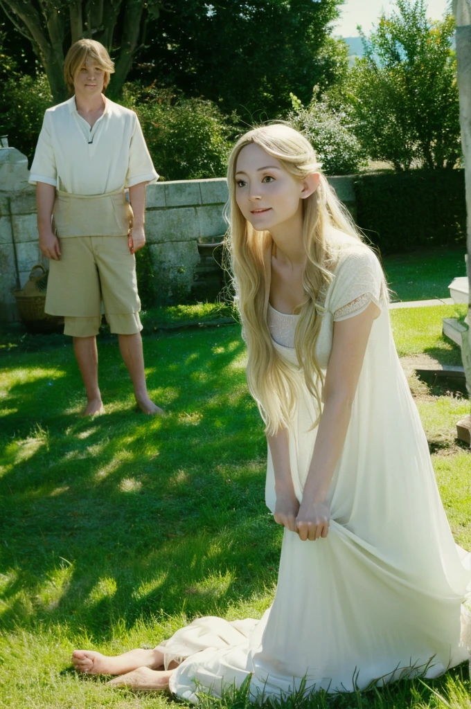 One Elf、White skin、Light clothing、Barefoot、On the grass、Under the tree、Shade、summer、雪のようにWhite skin、Blonde、Long Hair、Castle、nature、breast、a sunny day、Wide-collared clothes、live-action、8K、16K、movie、Lord of the Ring、Expose、Expose狂、galadriel、