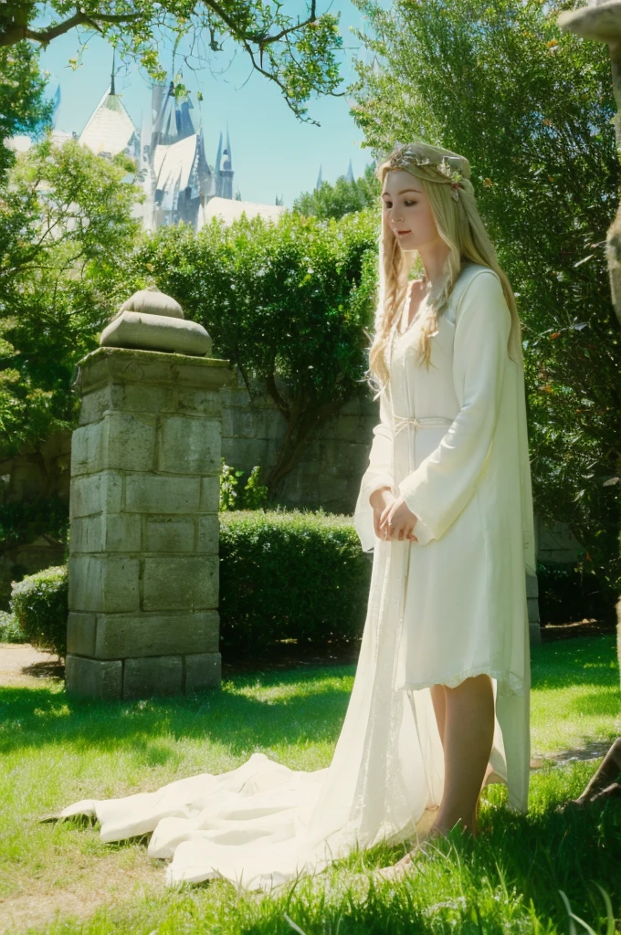 One Elf、White skin、Light clothing、Barefoot、On the grass、Under the tree、Shade、summer、雪のようにWhite skin、Blonde、Long Hair、Castle、nature、breast、a sunny day、Wide-collared clothes、live-action、8K、16K、movie、Lord of the Ring、Expose、Expose狂、galadriel、