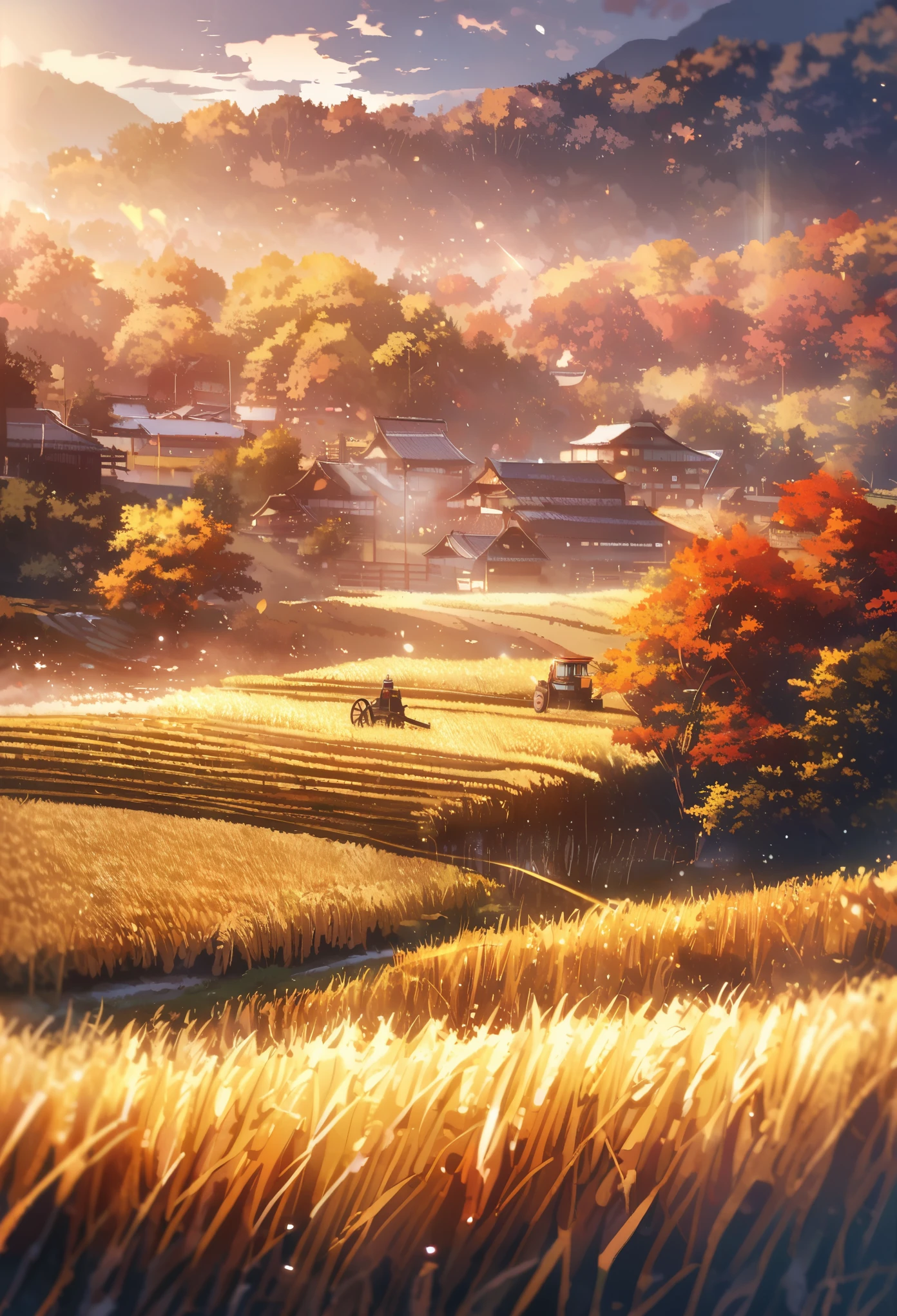 autumn, Paddy field, small combine, ripe rice, scenery, beam of light, japan
