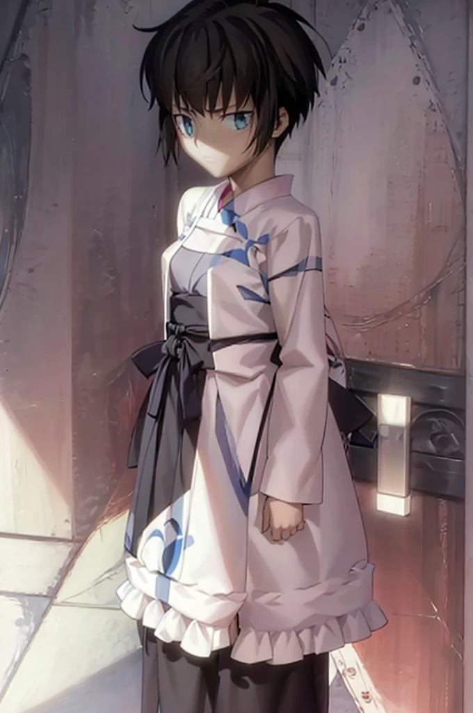highest quality、masterpiece、Black and blue shorts、One girl、Blue eyes、kimono、28 years old、Medium chest、Hair Shine、Tear bags、double eyelid、Long eyelashes、Droopy eyes、Pink Lips、Stand in front、whole body、White background