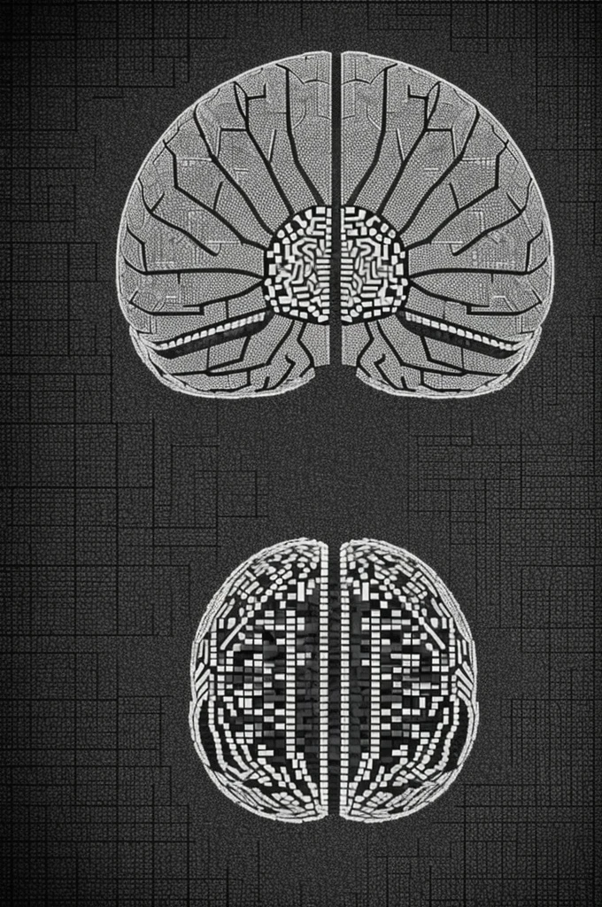Una imagen de un cerebro a base de pixeles, in black and white and with gray tones with a spatial resolution of 100x100