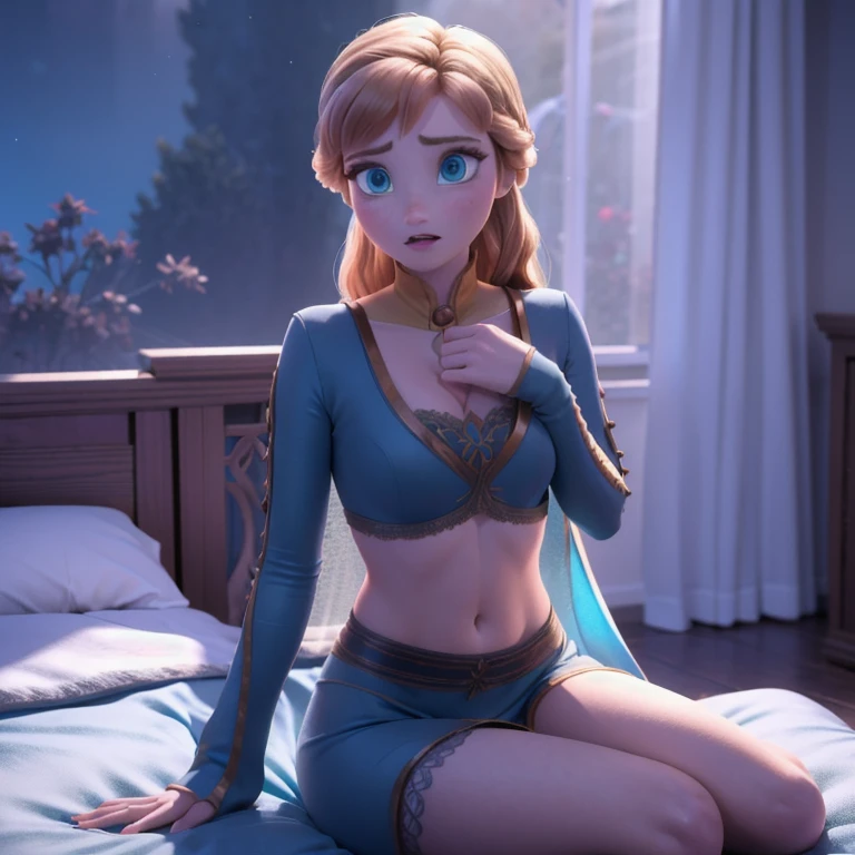 8k,High resolution, 3D, One girl,Bedroom, noon, (Looking at the audience), Princess of Arendelle,Cute see-through lace panties,Light blue panties,Light blue bra