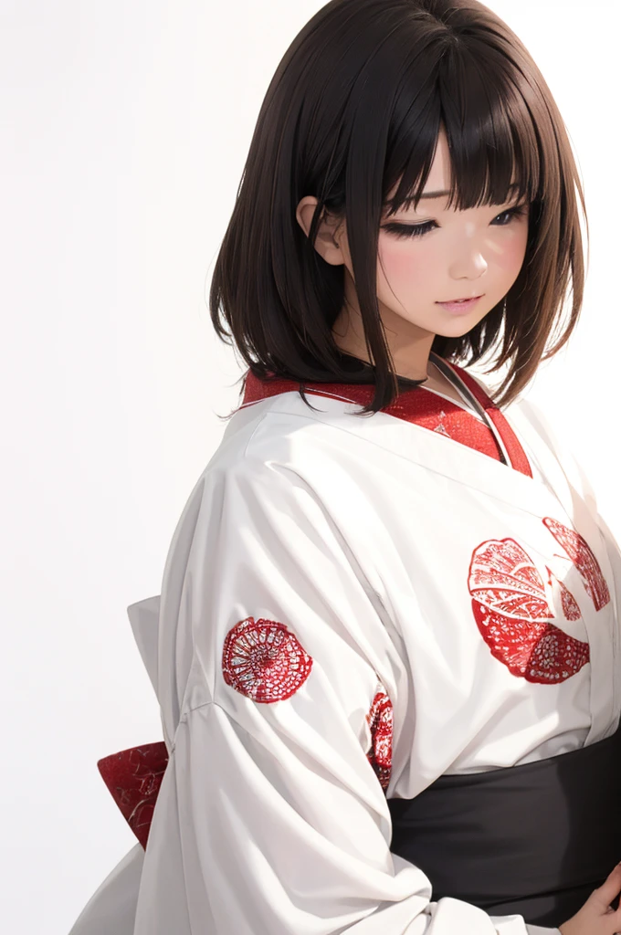 (((White Background、White world)))、14 years、unity 8k wallpaper、Very detailed、beautifully、beautiful、masterpiece、highest quality、(Zentangle、Mandala、Tangle、Tangle)、(Fractal Art:1.3)、One Girl、Beautiful black hair、Japanese、Big pink、red kimono、Japanese clothing、Very detailed、Dynamic Angle、Cowboy Shot、Chaos in its most beautiful form、elegant、Brutalist Design、Vibrant colors、Romance、atmosphere、Ecstasy Note、Streaming notes are displayed、(((White Background、Pure white background、Red circle)))