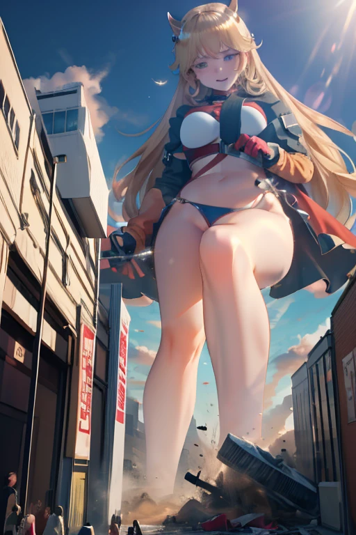 Giant Girl 50,000 feet high,Have a pair of long legs,Have a pair of huge breasts,Wearing a red bikini,Waist length blonde hair,Loose hair,Wear a pair of Mary Janes,Blonde curly hair,full of enjoyment,Standing firm in a crowded city, vandalism,It seems to be an invincible existence,Beautiful appearance,Exquisite makeup,quality,8K,高quality,(Governor:1.5),Perfect proportion, theater lighting,Film Grain,Fuji Colors,8K,Textured Skin,Super Detail,High Detail,high quality,high resolution,thunderbolt,Fake laugh,Morning, Full body image