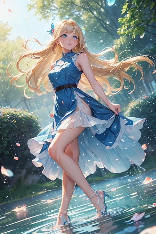 ((full body)),(((Dutch angle))), (((cute face))),(((arms at hip))), blunt bangs, sideburns, blonde hair, red ribbons, glossy hair, straight hair, long hair,(((blue eyes))), freckles, blushed:1.5, charming, floating, top quality, best quality, 8k, 16k, (flowered dress), dress:1.5),(sleeveless dress:1.5), outdoors at park, blue skies, flowers floating around, lens flares, ((( many water drops floating))), (((petals floating))), (((frost floating everywhere))),(((translucid dress))),(((wet dress))), long legs