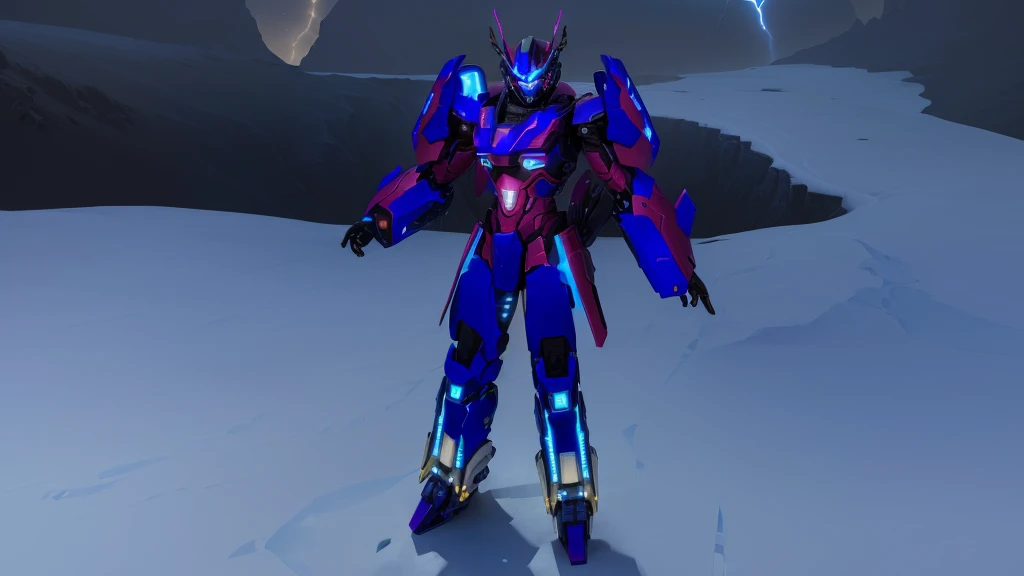 a blue colored female transformer with purple inserts, symmetrically arranged purple parts, on the back - hellicopter wings, arms from elbows to hands look like the front part of a helicopter, on the legs from knees to the ankle there are helicopter's repulsors and small heicopter's tail wings, no helmet, light blue eyes, two legs, two arms, not a suit, on a background there is an snowy dark blue metal desert, no buildings, no structures, dark blue storm clouds, light blue lightning from the clouds, blue river, river to the horizon, electrified river, light blue lightning from the river, space sky, stars in the sky, composition on the metal planet, big metalic planet, dark-blue metal, shiny metal, cybertron, mechanical planet, empty wasteland, dark blue storm clouds, light blue lightning from clouds, blue river, river to horizon, electrized river, light blue lightning from river, space sky, stars on the sky, realistic, watercolor, 4k, high quality, hight attention to details, concept art, concept art by Chris Mowry.