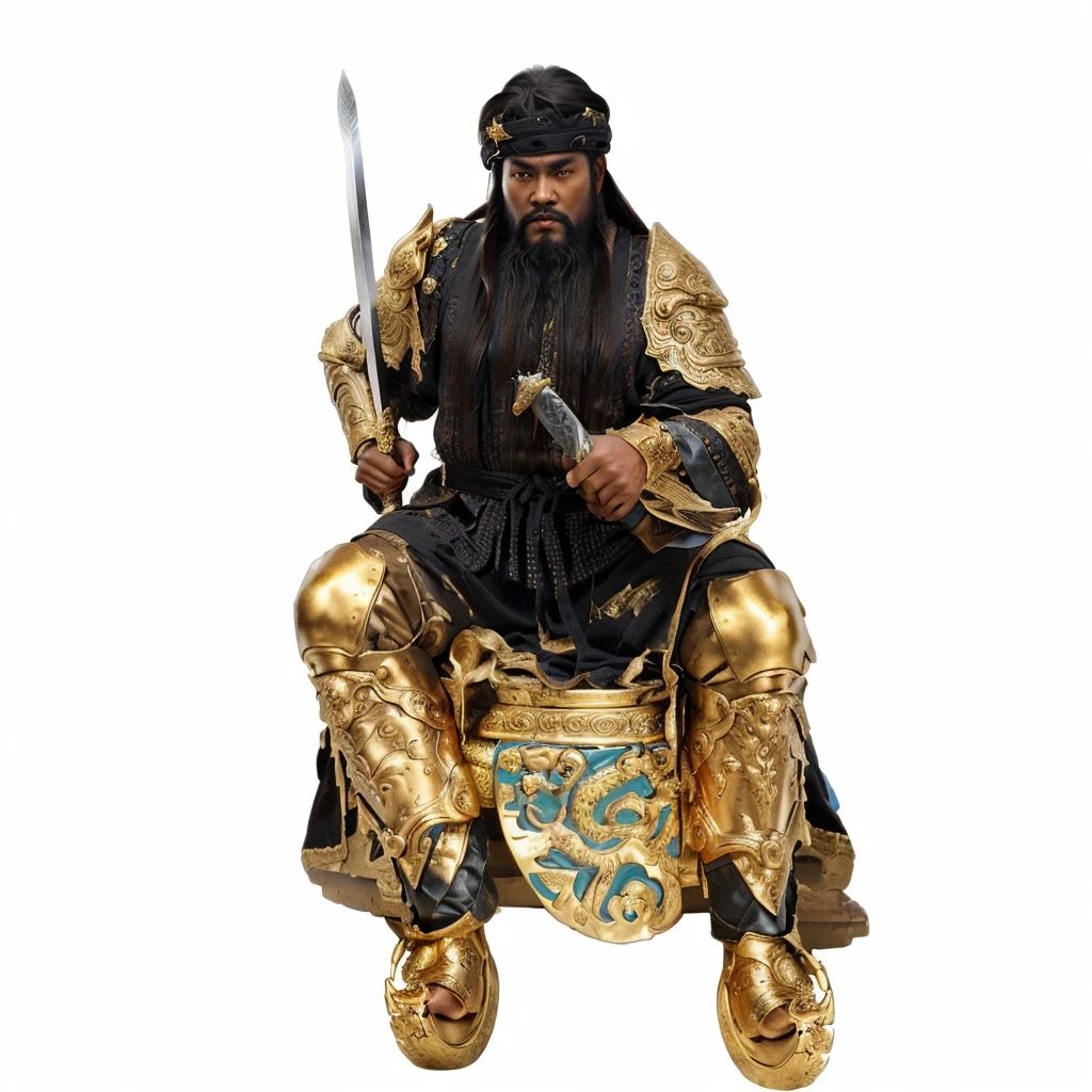 a black skin man with a long beard and a sword, chinese warrior, sitting on golden throne, luxurious robe, black bared foot, 2 golden wheel below the foot