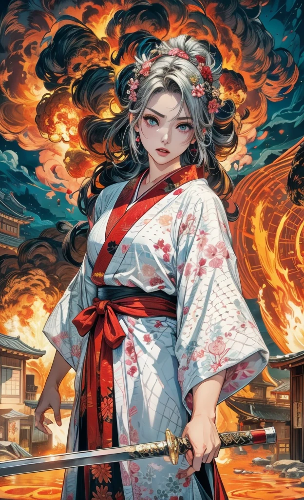 Downtown is on fire、Streets of the Warring States Period、night、Big Fire、30-year-old woman、Shiny silk-like clothing、The kimono has a red floral pattern、Burning house、An angry look in his eyes、Beautiful 30 year old woman、Female Fighter、The Japanese sword he holds in his left hand shines red in the firelight.、Glaring at me、Adult beauty、The eyes are slit and long.、Eyes are realistic、Eyes are realistic size、Eyes are realistically shaped、The kimono is generally silver in color and has a glossy appearance.、The kimono is dotted with red and pink floral patterns.、Gorgeous kimono、Flashy floral kimono、In the left foreground is a private house、In the right foreground is a private house