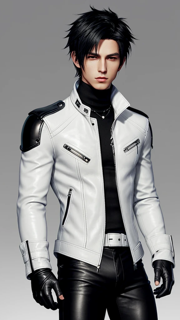 Final fantasy taste and reality graphics, Japanese young cute and cool ikemen boy, his age is early 20s, thin eyebrows and beady eyes, he wearing off white color leather thick singlebrest biker jacket, with epaulet, jacket zipped up, jacket is biker style, , jacket collar is high length stand-up collar with belts, jacket is a little black line pattern,close the front of the jacket, also wearing black thick turtleneck lackluster shirts, tight black leather pants, shiny black leather tight and thin glove, black leather knee-high raceup boots,views head-to-toe,views whole body, boy looks like fashion model,Do not show skin from the neck down,leather jacket leather glove and leather pants have few wrinkles,boy in the room,