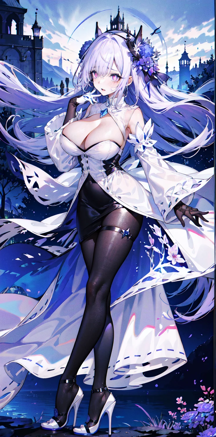 ((masterpiece:1.4,best quality)),(Super detailed),(Extremely detailed eyes),(black leggings,Shiny socks:1.5),Hello Darkness
(Cute girls),,(Blood-red pupils,Diamond-shaped pupil:1.15),Purple Eyeshadow,(elongated hair,Thick hair,Single ponytail,shiny hair:1.5)(Changes through:1.2),despair,sad,Empty eyes,tears streaming down my face,tilting its head to the side,
(She wore a blue dress,:1.5),(Black gloves:1.4)Very long plush sleeves,White,White Cloud,Dream bubbles ,Ice and glitter effects
(Black long skirt:1.1),
((Starry Sky:1.2)),
(Intense black and white:1.16),(Depth of Field:1.4),,Intricate details,(((Detailed background,Castle in the Sky,Purple flowers by the lake))),(((Huge breasts,Bare breasts,Deep cleavage,White stiletto high heels)))