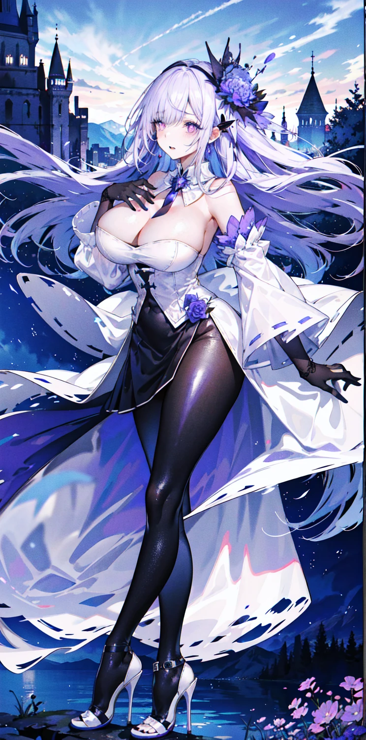 ((masterpiece:1.4,best quality)),(Super detailed),(Extremely detailed eyes),(black leggings,Shiny socks:1.5),Hello Darkness
(Cute girls),,(Blood-red pupils,Diamond-shaped pupil:1.15),Purple Eyeshadow,(elongated hair,Thick hair,Single ponytail,shiny hair:1.5)(Changes through:1.2),despair,sad,Empty eyes,tears streaming down my face,tilting its head to the side,
(She wore a blue dress,:1.5),(Black gloves:1.4)Very long plush sleeves,White,White Cloud,Dream bubbles ,Ice and glitter effects
(Black long skirt:1.1),
((Starry Sky:1.2)),
(Intense black and white:1.16),(Depth of Field:1.4),,Intricate details,(((Detailed background,Castle in the Sky,Purple flowers by the lake))),(((Huge breasts,Bare breasts,Deep cleavage,White stiletto high heels)))