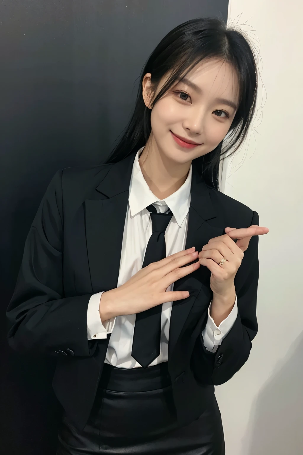 Black Suit22Old woman、Black Hair、smile、White blouse、Tight Skirt、Background office、Black jacket、Place both palms together on your chest、support