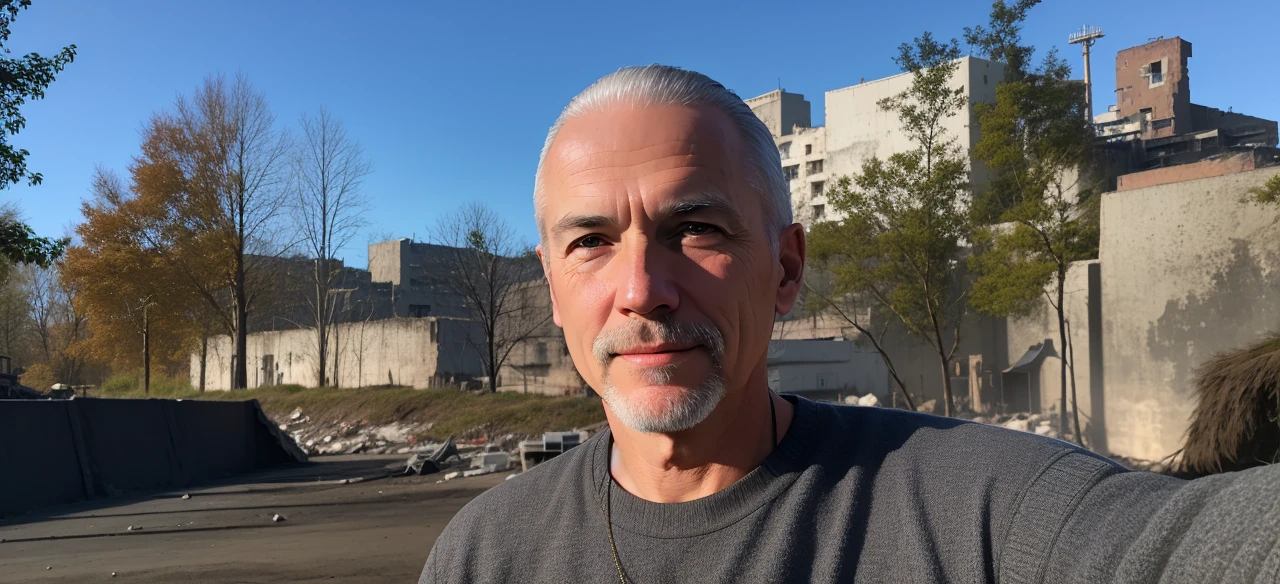 RAW photo, a close up portrait photo of brutal 63 y.o man in wastelander clothes, long haircut, pale skin, slim body, background is city ruins, (high detailed skin:1.2), 8k uhd, dslr, soft lighting, high quality, film grain, Fujifilm XT3