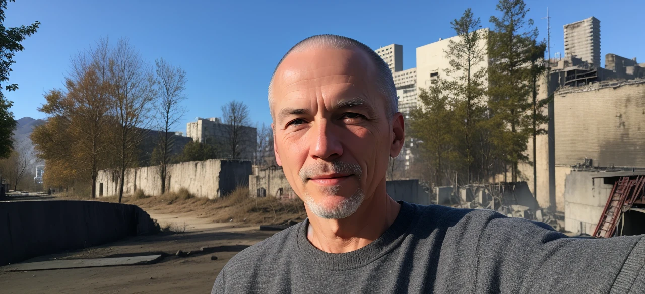 RAW photo, a close up portrait photo of brutal 63 y.o man in wastelander clothes, long haircut, pale skin, slim body, background is city ruins, (high detailed skin:1.2), 8k uhd, dslr, soft lighting, high quality, film grain, Fujifilm XT3