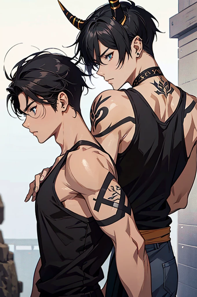 anime, male, muscular, tattoos, two horns protruding from hair, golden eyes, bangs, beautiful, handsome japanese demon, detailed digital anime art, short black hair in the undercut style, male anime character, inspired by tite kubo, mid 20s, masterpiece, light pencil strokes, broad shoulders, black tank top and sweatpants, modern day clothing, pointed elf ears, ear piercings, side profile