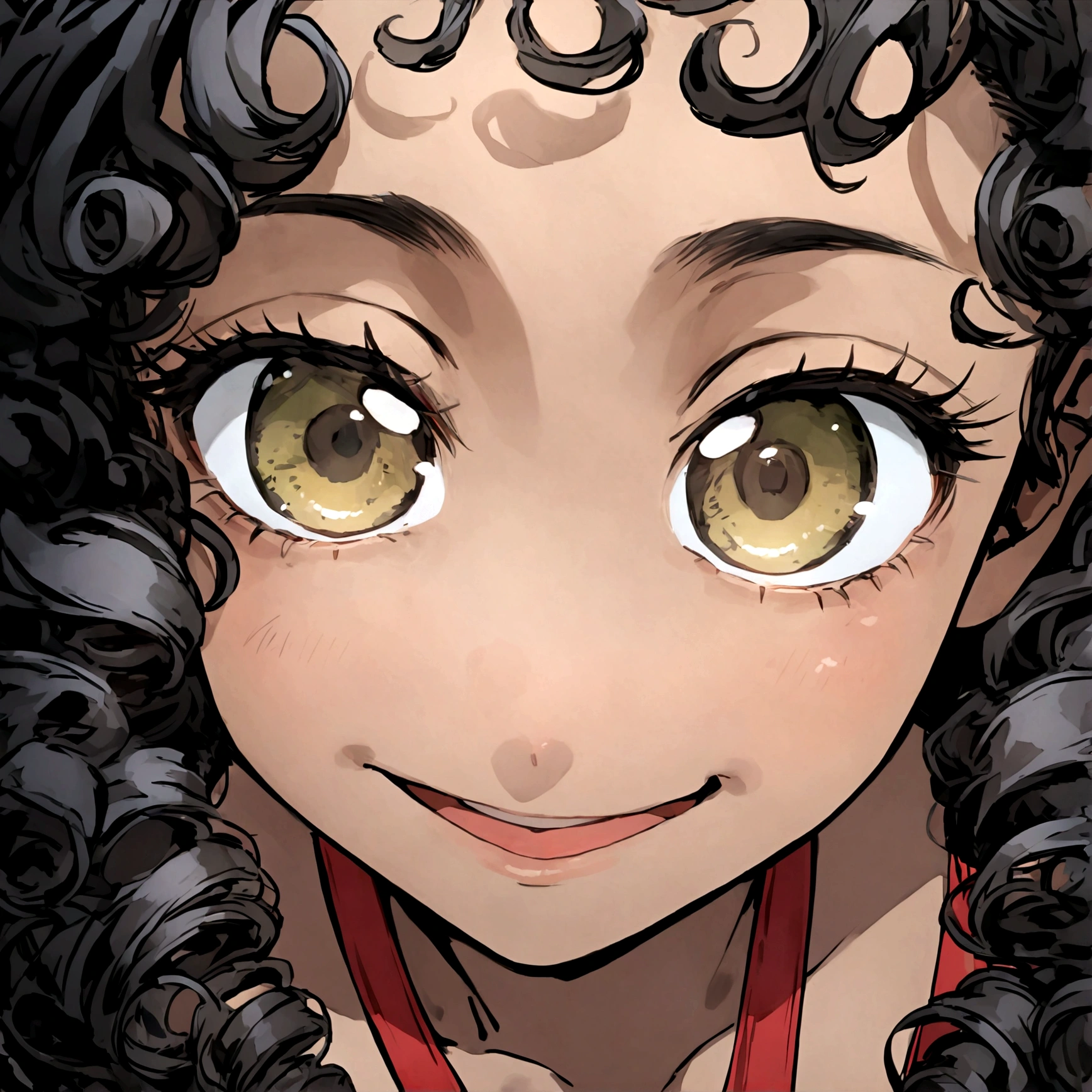 There is a young woman with curly hair smiling at the camera, with olive skin, with haunted eyes and curly hair, close up of her face, close up of her head, she has olive brown skin, looking very silly, black hair and big eyes, her face framed by curls, curly hair, close up of face, Light brown skin!, close up on face 16:9 lens 4k ultra detailed