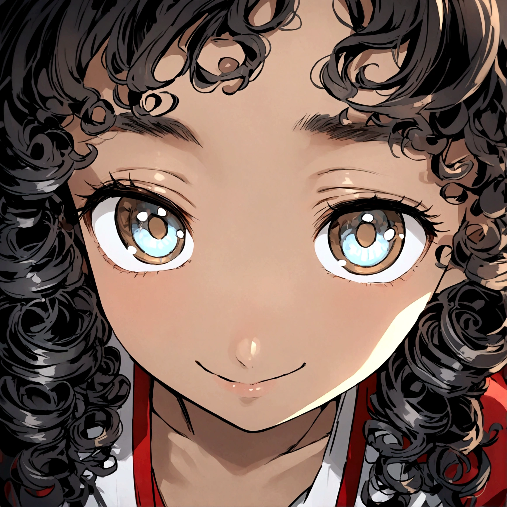 There is a young woman with curly hair smiling at the camera, with olive skin, with haunted eyes and curly hair, close up of her face, close up of her head, she has olive brown skin, looking very silly, black hair and big eyes, her face framed by curls, curly hair, close up of face, Light brown skin!, close up on face 16:9 lens 4k ultra detailed