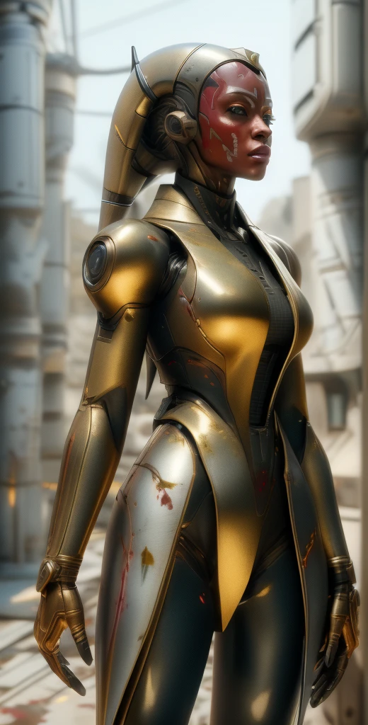 1 girl, solo, (look at viewer), ((Best quality)), ((masterpiece)), (detailed:1.4), ((upper body)), 3D, an image of a beautiful cyberpunk female,HDR (High Dynamic Range), Ray Tracing,NVIDIA RTX,Super-Resolution,Unreal 5,Subsurface scattering,PBR Texturing,Post-processing,Anisotropic Filtering,Depth-of-field,Maximum clarity and sharpness,Multi-layered textures,Albedo and Specular maps,Surface shading,Accurate simulation of light-material interaction,Perfect proportions,Octane Render,Two-tone lighting,Wide aperture,Low ISO,White balance,Rule of thirds,8K RAW, (((blood eyes))), , mechanical parts ahsoka, (dark skin:1.2), blood eyes, , medium breasts, bloodgold/black bodysuit, belt, (( bloodgold amor)) joints, body suit
