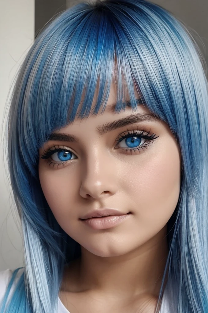 Creame una imagen de una chica turra argentina de ojos azules, blanca, flequillo
