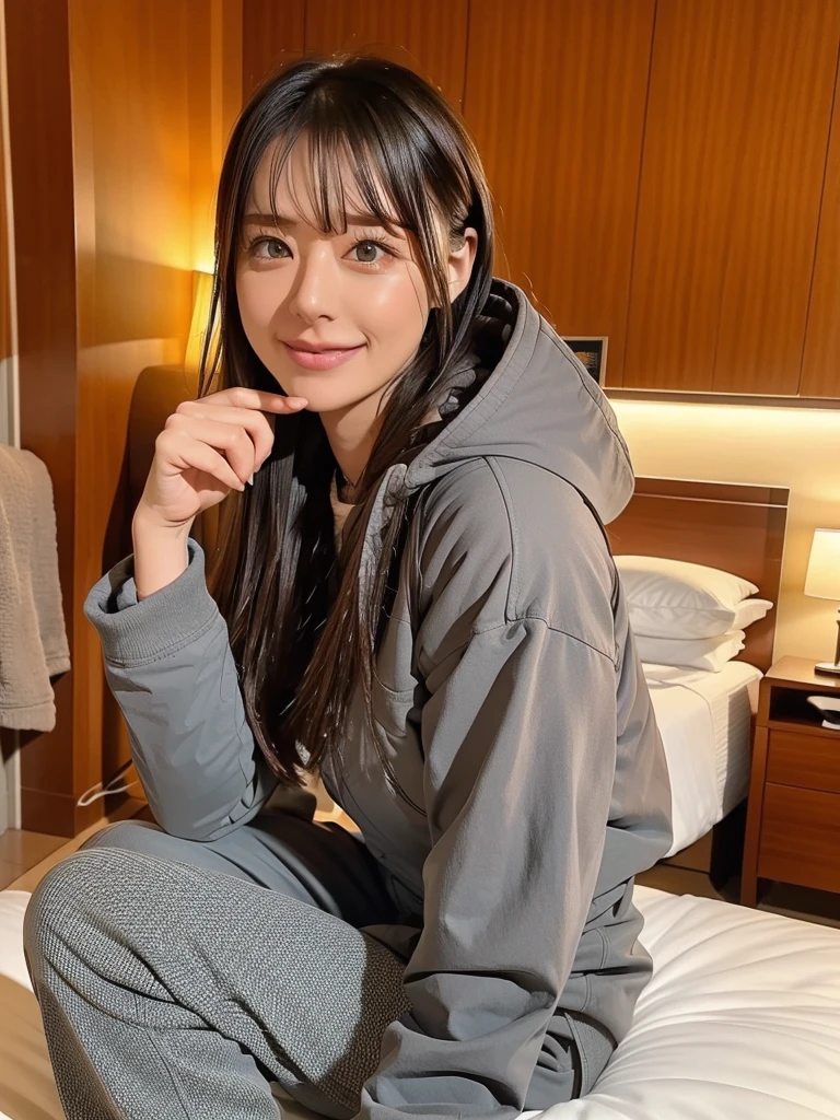 rie,One Woman,(best quality), (ultra detailed), (absolutely resolution),Face is front, 32 years old, Put your finger on your lips, Mountain parka and outdoor pants, The color of the clothes is charcoal gray, The pattern on the clothes is argyle, Brown Hair, Poolside bedroom、An open space with a resort feel