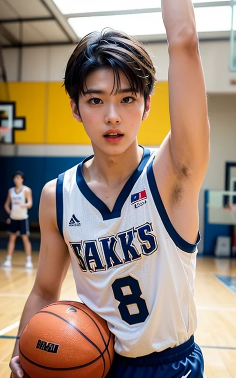 (Japanese boy is playing basketbball:1.4), open mouth, orgasm, armpit focus, wearing basketball uniform, (photorealistic, masterpiece, 8K HD, good lighting quality, portrait, closing up on face, intricate details), a handsome young Japanese boy, 20 years old, cute, wistful gaze, detailed face, detailed eyes, (pale skin), black hair, smooth hair, hair bangs, slender body , cute boy ,baby face ,basketball player, bare arm, indoor