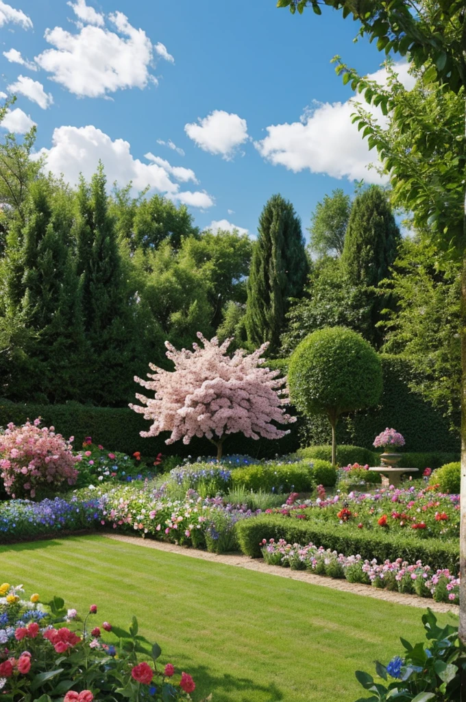 Garden with many flowers and fruit trees
