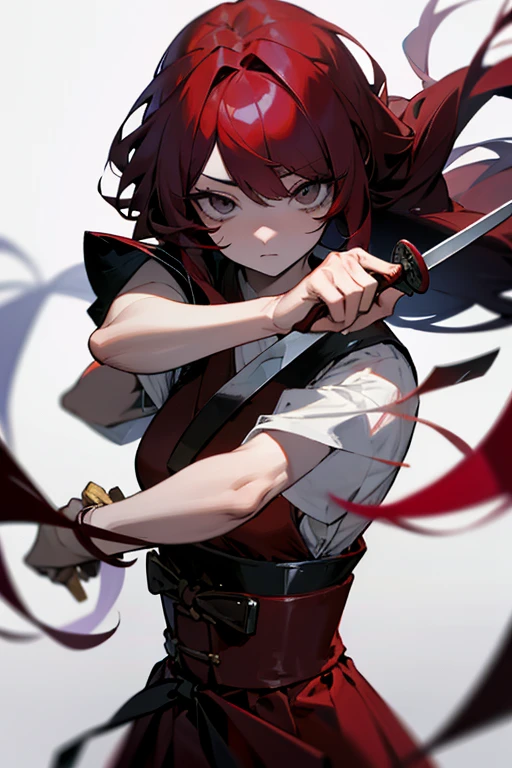 red hair, gray eyes, wound over left eye, red kendo gi, long hair, expressionless, wearing a sword, holding a knife,