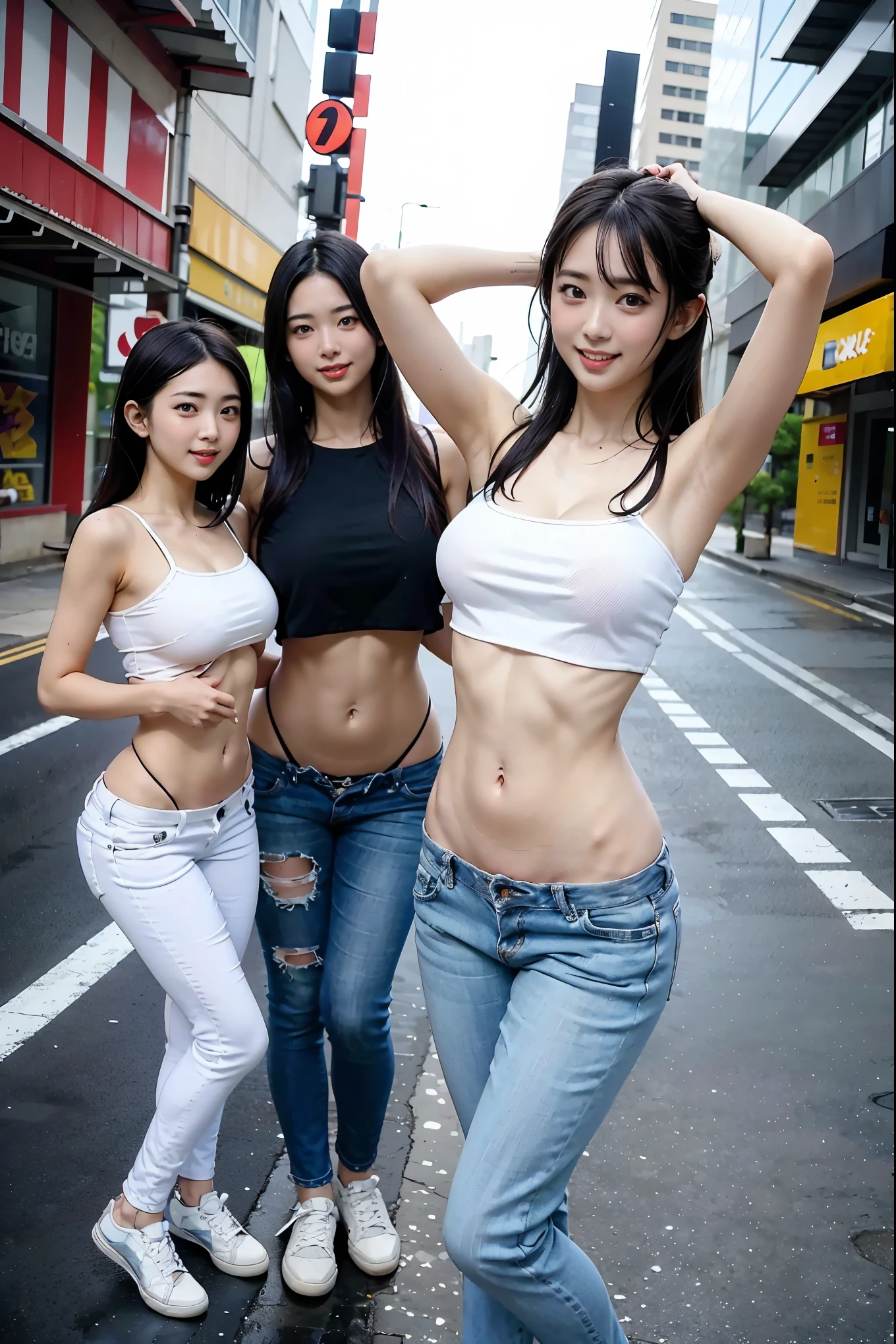 (Best Quality, Masterpiece, Photo realistic, Ultra Detailed, ultra high res, raw), (3 girls, group shot:1.3), pretty, Japanese, smile, bangs, double eyelids, (big breasts:1.3), (long hair| medium hair| short hair), (LowriseXL, LowwaistXL, groin), (cropped camisole), skinny jeans, navel, (sneaker, beautiful long legs, full body), (City Street, outside), from below, (amaukisumi| pyoapplev1), armpits,